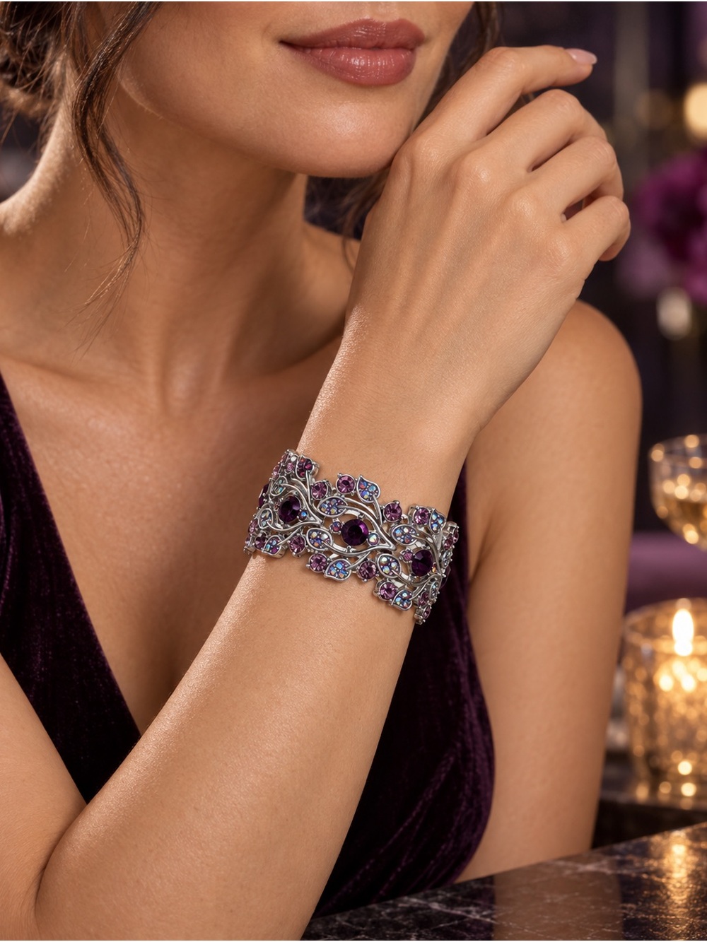 VTG Purple Aurora Borealis Rhinestone Peacock Feather Silver Stretch Bracelet